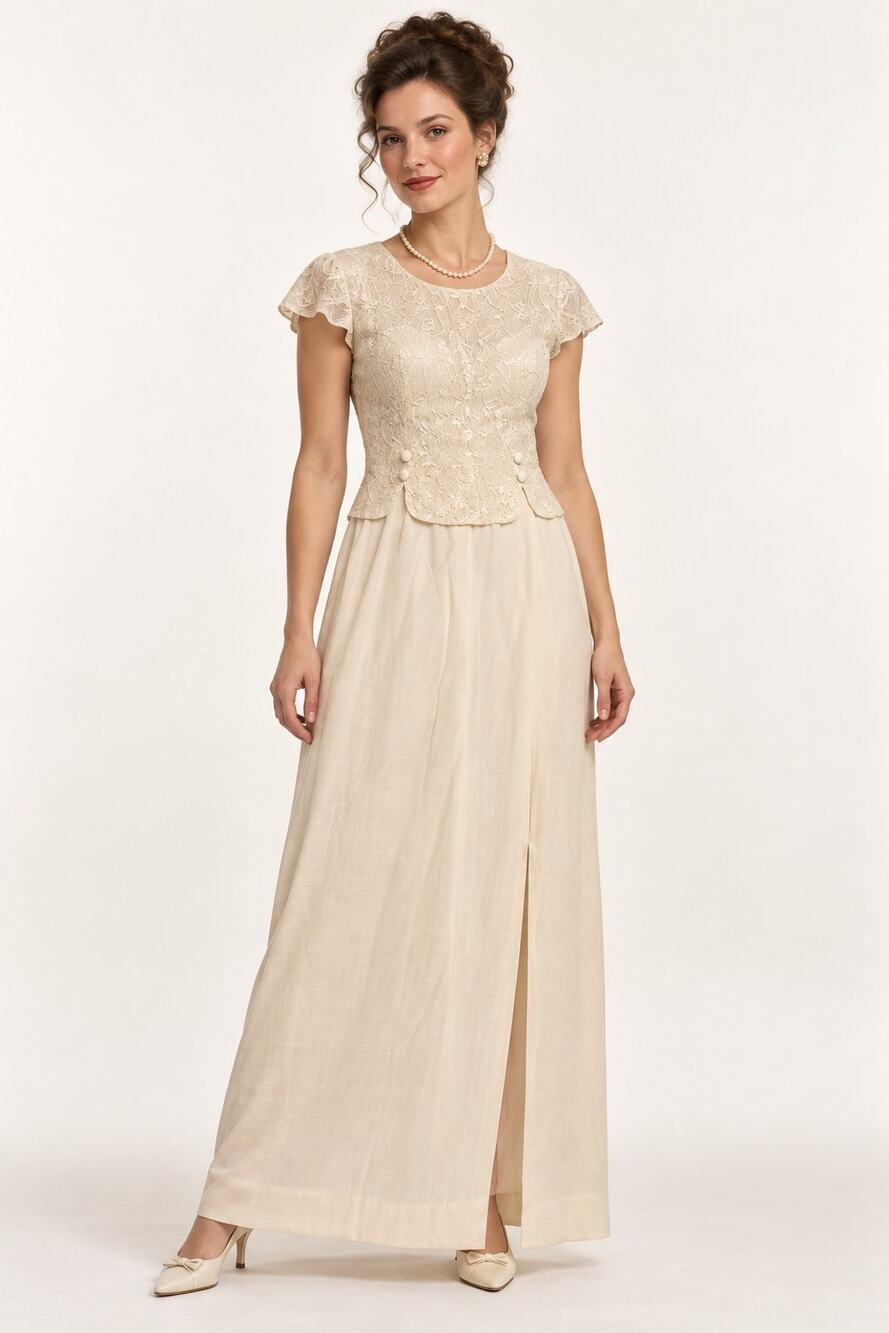 Vintage 90s Miss Dorby Ivory Lace Victorian Revival Maxi Dress Size 12 Romantic